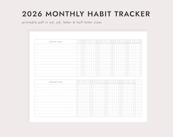Rastreadores de hábitos mensuales 2026: Dos meses por página - Tamaños A4/A5/Carta/Media carta (Descarga de PDF imprimible)