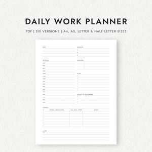 Planificador diario de trabajo: tamaños A4, A5, carta y media carta (PDF imprimible)