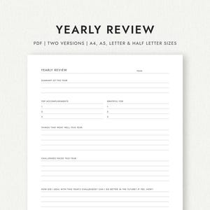Yearly Review: Two Versions - A4/A5/Letter/Half Letter Sizes (Printable PDF Download)