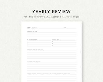 Yearly Review: Two Versions - A4/A5/Letter/Half Letter Sizes (Printable PDF Download)