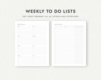 Weekly To Do List: Eight Versions - A4/A5/Letter/Half Letter Sizes (Printable PDF Download)