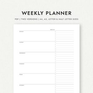 Weekly Planner: Two Versions - A4/A5/Letter/Half Letter Sizes (Printable Download)