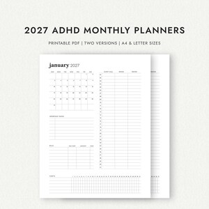 Könnte beinhalten: Ein 2027 ADHD Monatsplaner als druckbares PDF in A4 und Letter-Größe. Das schwarz-weiße Layout enthält einen Kalender für Januar 2027, einen Tagesplan, Bereiche für wichtige Notizen, Rechnungen mit Fälligkeitsdaten und einen Gewohnheitstracker.
