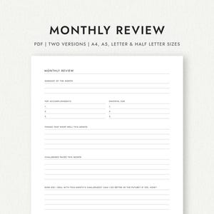 Monthly Review: Two Versions - A4/A5/Letter/Half Letter Sizes (Printable PDF Download)