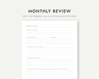 Monthly Review: Two Versions - A4/A5/Letter/Half Letter Sizes (Printable PDF Download)