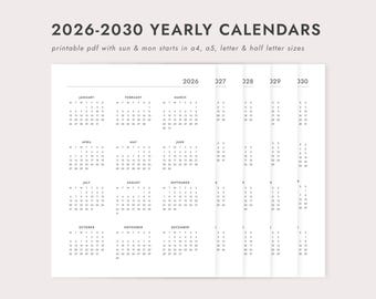 2026-2030 Yearly Calendars: Year at a Glance - A4/A5/Letter/Half Letter Sizes (Printable PDF Download)