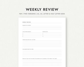 Weekly Review: Two Versions - A4/A5/Letter/Half Letter Sizes (Printable PDF Download)