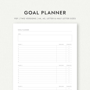 Goal Planner: Two Versions - A4/A5/Letter/Half Letter Sizes (Printable Download)