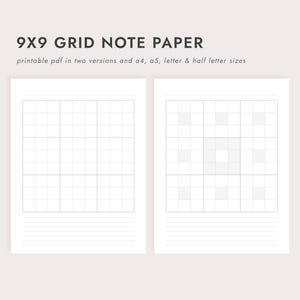 Può includere: Due pagine di carta per appunti a griglia 9x9 bianche con un motivo a griglia e spazio a righe in basso. Il testo in alto dice "9X9 GRID NOTE PAPER" e "pdf stampabile in due versioni e formati a4, a5, lettera e mezza lettera."