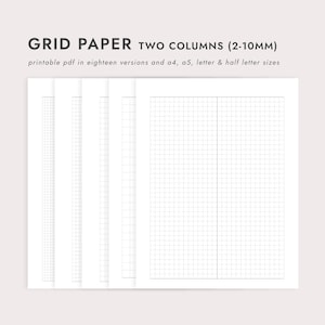 Rutnätspapper med två kolumner: Stående orientering 2–10 mm mellanrum – A4/A5/Letter/Half Letter-storlekar (utskrivbar PDF, nedladdning)