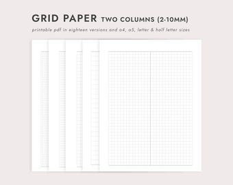 Grid Note Paper with Two Columns: Portrait Orientation 2-10mm Spacing - A4/A5/Letter/Half Letter Sizes (Printable PDF Download)