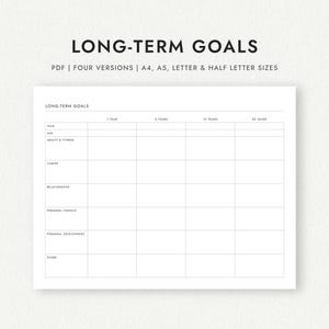 Langetermijndoelplanner: staande en liggende versies: A4/A5/Letter/Half Letter (afdrukbare pdf-download)