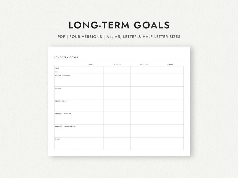 Long-Term Goal Planner: Portrait and Landscape Versions - A4/A5/Letter/Half Letter Sizes (Printable PDF Download) image 1