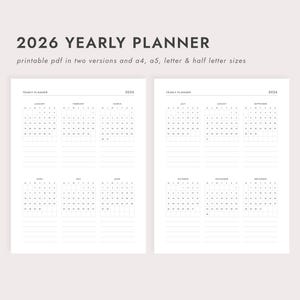 PDF 2026 Yearly Planner: Two Page Spread - A4/A5/Letter/Half Letter Sizes (Printable Download)