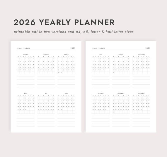 PDF 2026 Yearly Planner: Two Page Spread - A4/A5/Letter/Half Letter Sizes (Printable Download)