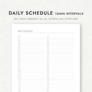 Daily Schedule with 15 Minute Intervals: 12hr & 24hr Time - A4/A5/Letter/Half Letter Sizes (Printable PDF Download)