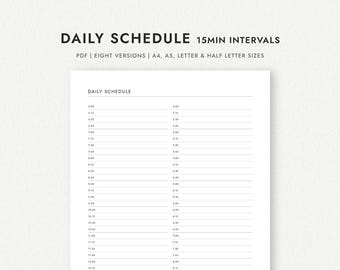Horario diario con intervalos de 15 minutos: formato de 12 y 24 horas (tamaños A4, A5, carta y media carta) (Descarga PDF imprimible)