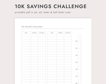 PDF 10k Savings Challenge: A4/A5/Letter/Half Letter Sizes (Printable Download)