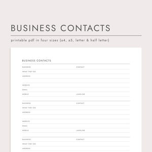 Business Contacts List, PDF Printable Planner, Instant Download, A4/A5/Letter/Half Letter, Business Address Book, Work Contact List