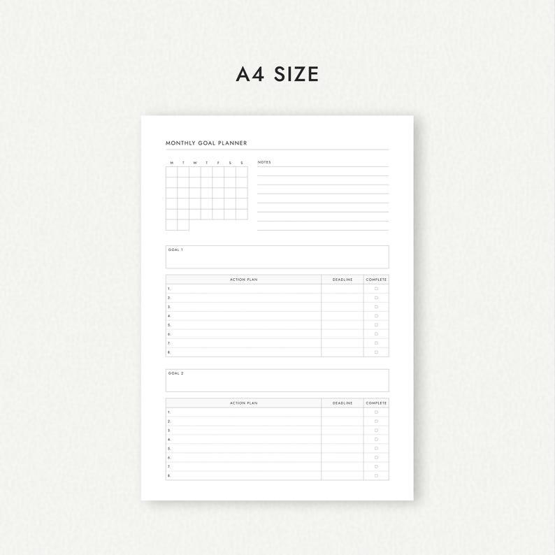 Monthly Goal Planner: Four Versions - A4/A5/Letter/Half Letter Sizes (Printable PDF Download) image 9