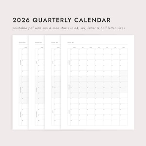 2026 Quarterly Calendar - A4/A5/Letter/Half Letter Sizes (Printable PDF Download)