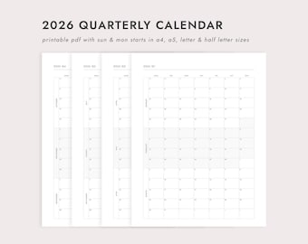 2026 Quarterly Calendar - A4/A5/Letter/Half Letter Sizes (Printable PDF Download)