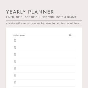 Yearly Planner, PDF Printable Planner, Instant Download, A4/A5/Letter/Half Letter, Annual Planner, Yearly Overview, Undated, 12 Months