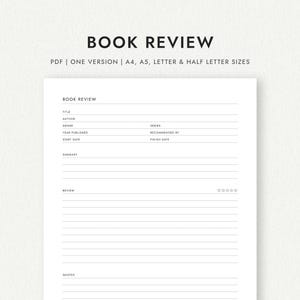 Plantilla de reseña de libro: tamaños A4, A5, carta y media carta (descarga PDF imprimible)