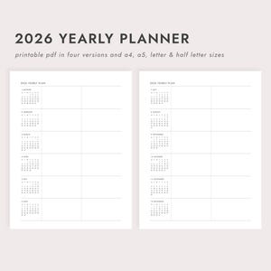 PDF 2026 Yearly Planner: Two Page Spread - A4/A5/Letter/Half Letter Sizes (Printable Download)