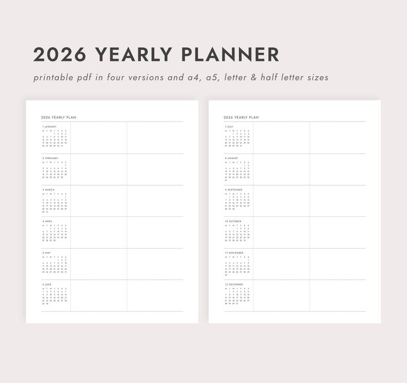 PDF 2026 Yearly Planner: Two Page Spread - A4/a5/letter/half Letter