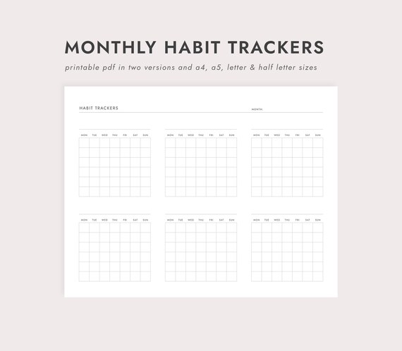 Monthly Habit Trackers: Portrait and Landscape Versions - A4/A5/Letter/Half Letter Sizes (Printable PDF Download)