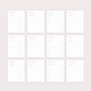May include: Twelve white paper sheets with a minimalist design. Each sheet features a monthly calendar, a section for notes, and a space for daily planning. The sheets are arranged in a grid pattern, ideal for organizing tasks and schedules.