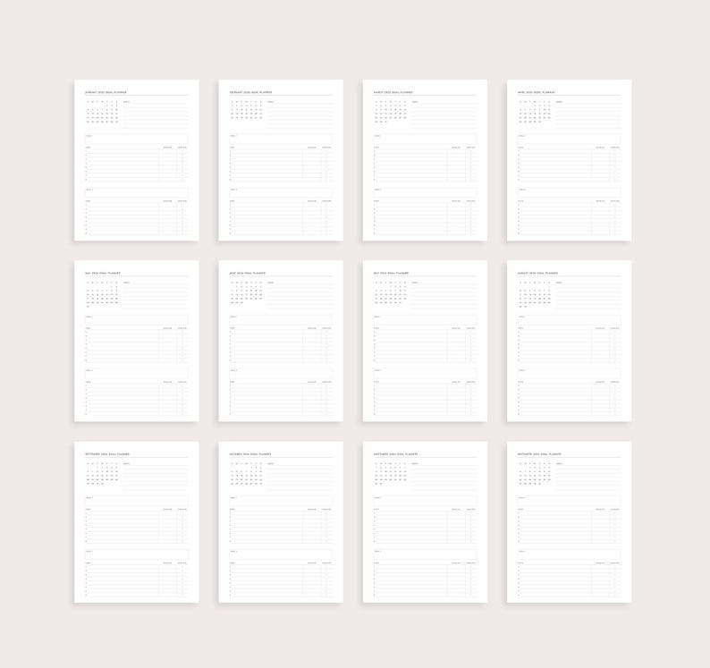 May include: Twelve white paper sheets with a minimalist design. Each sheet features a monthly calendar, a section for notes, and a space for daily planning. The sheets are arranged in a grid pattern, ideal for organizing tasks and schedules.