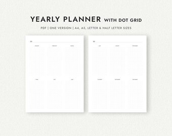 Year Overview: Two Page Spread Dot Grid - A4/A5/Letter/Half Letter Sizes (Printable PDF Download)