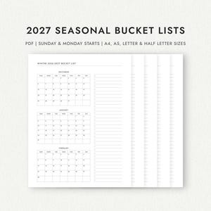 Może przedstawiać: Cyfrowa strona planera zatytułowana 2027 SEASONAL BUCKET LISTS, zawierająca kalendarz zimowy na grudzień, styczeń i luty z opcjami rozpoczęcia tygodnia w niedzielę lub poniedziałek. Układ zawiera sekcje w linie w formatach A4, A5, Letter oraz Half Letter.