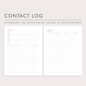 Contact Log, PDF Printable Planner, Instant Download, A4/A5/Letter/Half Letter, Business Contact Tracker, Communication Log, 2 Page Spread