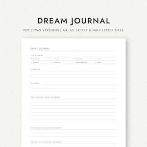 Peut inclure: Un modèle de journal de rêves imprimable blanc avec le titre "DREAM JOURNAL" en haut. Le modèle comprend des sections pour le type de rêve, les personnages, les paramètres et les détails du rêve. Le texte "PDF | TWO VERSIONS | A4, A5, LETTER & HALF LETTER SIZES" est également visible.
