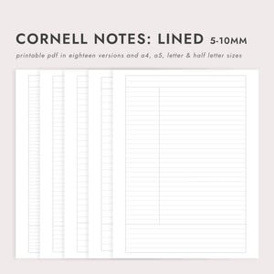 May include: White Cornell note pages with grey lines and the text "CORNELL NOTES: LINED 5-10MM" at the top. The text below reads "printable pdf in eighteen versions and a4, a5, letter & half letter sizes". The pages are designed for note-taking.