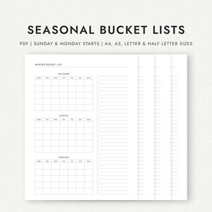 Seasonal Bucket Lists with Calendar: Spring, Summer, Autumn, Winter - A4/A5/Letter/Half Letter Sizes (Printable PDF Download)