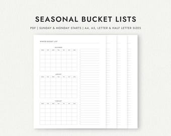 Seasonal Bucket Lists with Calendar: Spring, Summer, Autumn, Winter - A4/A5/Letter/Half Letter Sizes (Printable PDF Download)
