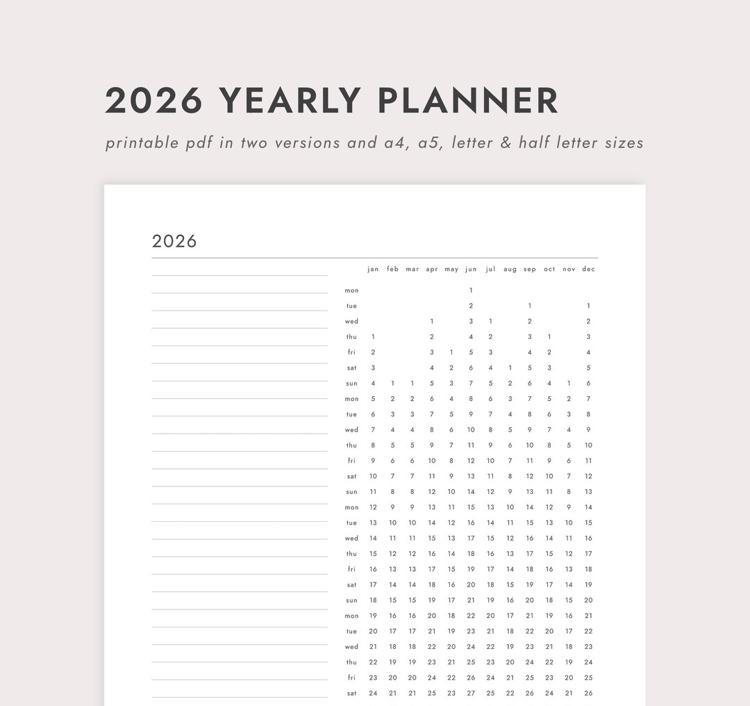 PDF 2026 Yearly Planner: A4/a5/letter/half Letter Sizes (printable