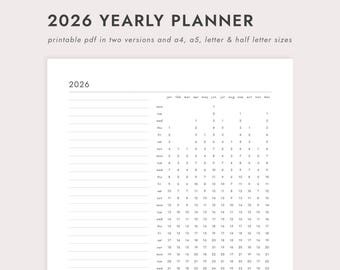 PDF 2026 Yearly Planner: A4/A5/Letter/Half Letter Sizes (Printable Download)