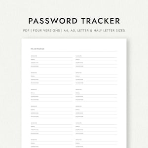 Password Tracker - A4/A5/Letter/Half Letter Sizes (Printable PDF Download)