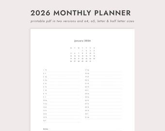 2026 Monthly Planner: Minimalist - A4/A5/Letter/Half Letter Sizes (Printable PDF Download)
