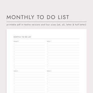 Monthly To Do List, PDF Printable Planner, Instant Download, A4/A5/Letter/Half Letter, Monthly Todo Task Planner Checklist, Circles, Squares