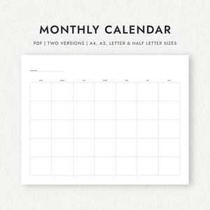 Calendario mensual: Simple, sin fecha, horizontal - Tamaños A4/A5/Carta/Media Carta (Descarga imprimible)