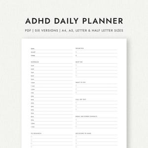 Planificador diario para TDAH: Seis versiones: tamaños A4, A5, carta y media carta (PDF imprimible)