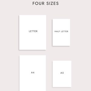 May include: Image showing four paper sizes: Letter, Half Letter, A4, and A5. The text "FOUR SIZES" is at the top. The paper sizes are white rectangles on a light beige background.