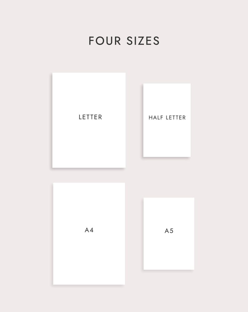 May include: Image showing four paper sizes: Letter, Half Letter, A4, and A5. The text "FOUR SIZES" is at the top. The paper sizes are white rectangles on a light beige background.