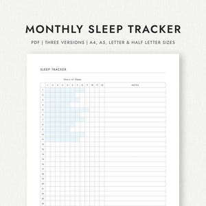 Monthly Sleep Tracker: Hours of Sleep - A4/A5/Letter/Half Letter Sizes (Printable PDF Download)